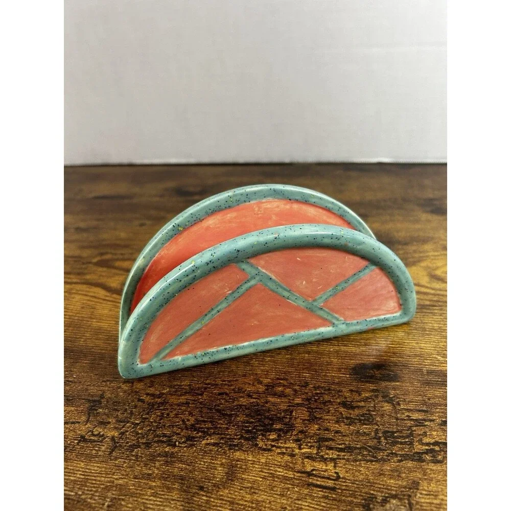 Vintage Ceramic Napkin Holder Coral Teal Speckled Retro Kitchen Decor Stand MCM